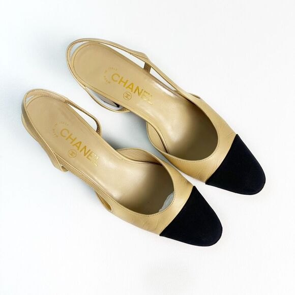 CHANEL Beige & Black Cap Toe Slingback Heels 39 US 8.5 CC Logo Almond Toe - Picture 4 of 14